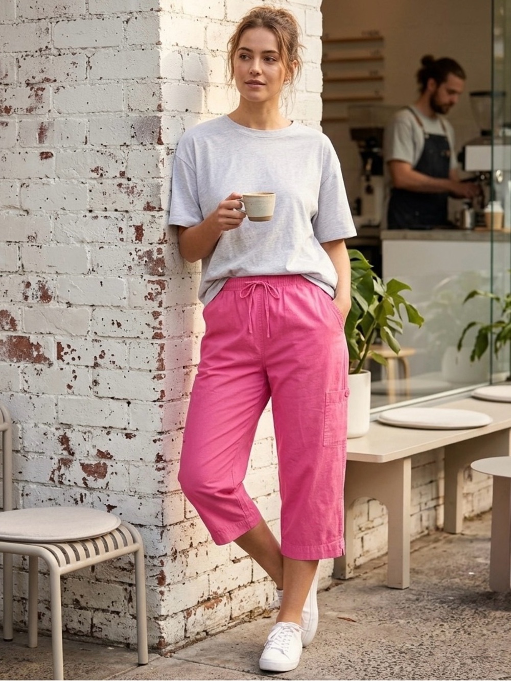 CC Hughes Relaxed Pink Cargo Capris with Drawstring Waist